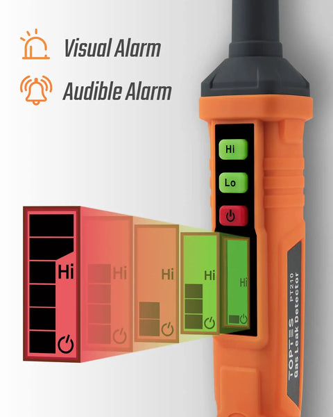 Gas Leak Detector With Dual Sensitivity For Home And RV, Audible And Visual Alarm showing visual LCD and button interface.