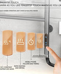 Control panel of 180 Degree Swivel Stainless Steel Towel Warmer Rack With One Hour To Twenty Four Hour Timer Wall Mounted Plug In Five Bars Gray Finish For Bathroom And Spa Space Saver Electric Towel Dryer For Home, highlighting touchscreen settings and fingertip operation
