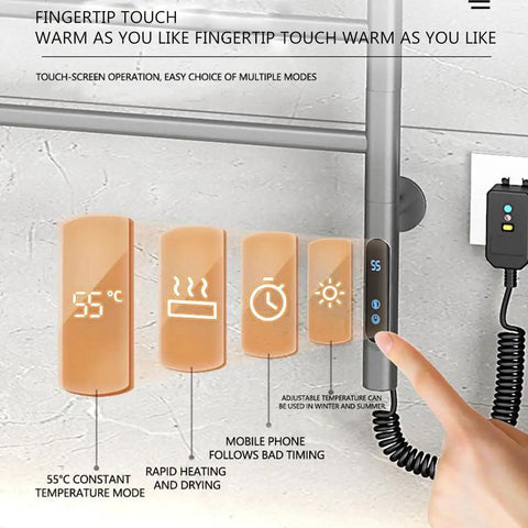Control panel of 180 Degree Swivel Stainless Steel Towel Warmer Rack With One Hour To Twenty Four Hour Timer Wall Mounted Plug In Five Bars Gray Finish For Bathroom And Spa Space Saver Electric Towel Dryer For Home, highlighting touchscreen settings and fingertip operation