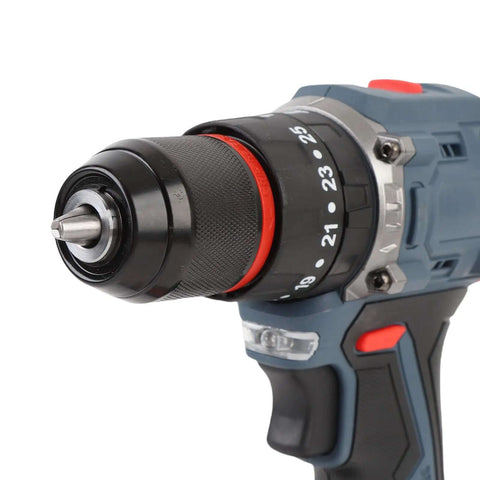 Built Different Cordless Drill And Screwdriver Kit With 25 Gear Torsion Electric Power Tool Set close-up of chuck and torque settings.