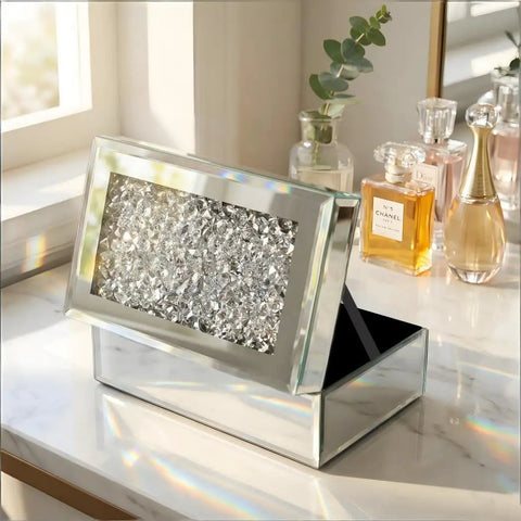 Luxury Silver Crushed Diamond Glass Mirrored Jewelry Organizer Box Storage For Rings, Earrings, Necklaces, And Bracelets open