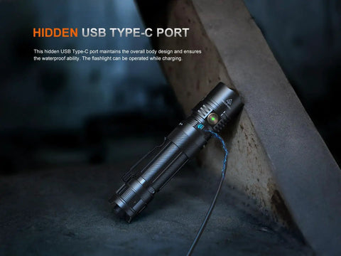 Beast 3000 Lumen Rechargeable Tactical Flashlight with USB-C dual switches, customizable brightness, shown charging on USB-C port.