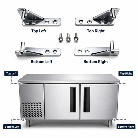 84mm Refrigerator Door Hinge Zinc Chrome with 8mm Pin for French doors, four-position adjustable installation diagram