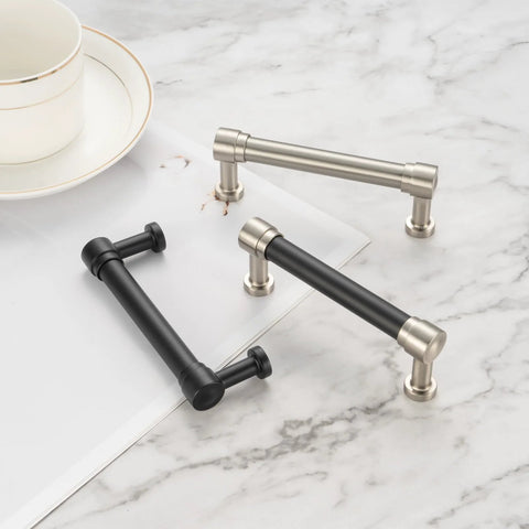 Two Tone Black And Nickel Cabinet Pulls 1 Piece French Style Cabinet Handles With Eight Point Eight Inch Screw Spacing on marble surface