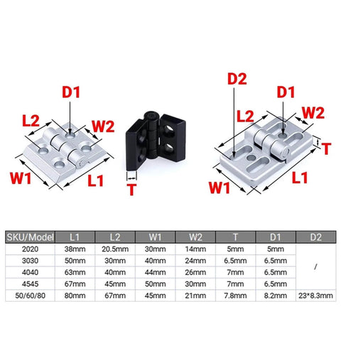 Heavy Duty Ball Bearing Door Hinges For Aluminum Profiles 2020 3030 4040 Black Stainless Steel Construction Quiet Close With Two Ball Bearings Ideal For Aluminum Profile Extrusion Feyoth Ideal For Industrial Use, diagram with measurements and white background