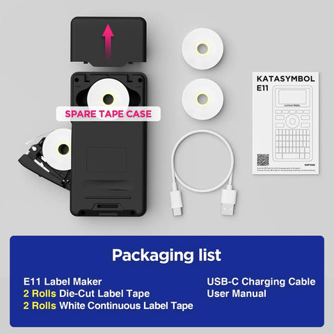 Bluetooth Label Maker With Keyboard And App For Quick Labeling 4 Tapes Included 30 Plus Fonts 660 Plus Icons Rechargeable Inkless Labeler package contents including label maker, tape rolls, USB-C cable, and manual.