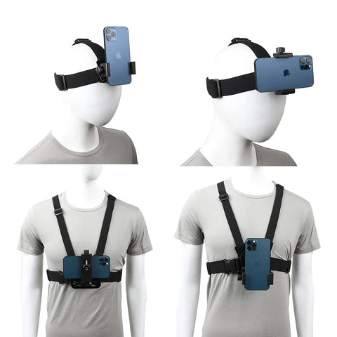 Hands Free POV Filming Kit With Chest Strap Harness Mount And Head Strap Holder For Mobile Phones And Action Cameras in use