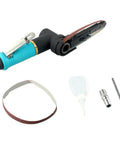 10X330mm Air Belt Sander Pneumatic Grinder Machine For Smooth Even Cutting Professional Handheld Power Tool Industrial Grade Dust Free Sanding Performance, with attached sanding belt and accessories.