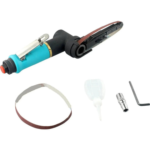 10X330mm Air Belt Sander Pneumatic Grinder Machine For Smooth Even Cutting Professional Handheld Power Tool Industrial Grade Dust Free Sanding Performance, with attached sanding belt and accessories.