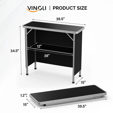 Portable Bar Table With 2-Tier Shelves, Lightweight Foldable Event Stand, size dimensions, shown folded and unfolded