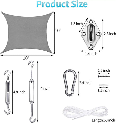 Diagram of Rectangle Sun Shade Sail 10 Feet By 13 Feet With UV Protected Breathable Fabric And Hardware Kit Included For Easy Install.