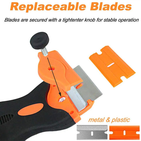 Close-up of Three Pack Double Edge Razor Scraper showing metal blade, plastic handle, and replacement blades with tightening knob.