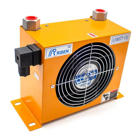 Beefed-Up Hydraulic Air Cooler And Oil Radiator For Efficient Oil Cooling with visible fan, metal casing, and electrical connectors