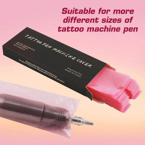 Large Pink Pen Machine Covers Set 200 Pcs Disposable Tattoo Wraps Fits Most Wireless Tattoo Pens 2.56 By 7.11 Inches Cartridge Sleeves Protect Ink Spill And Keep Gear Clean with box and pen display