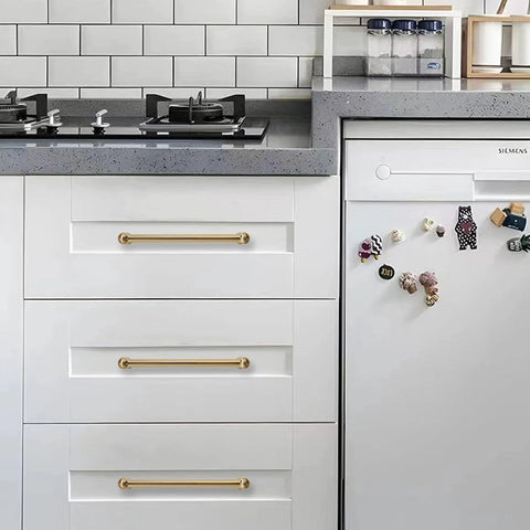 Two Pack 12 Inch Center To Center Brushed Brass Cabinet Pulls Set installed on white kitchen drawers