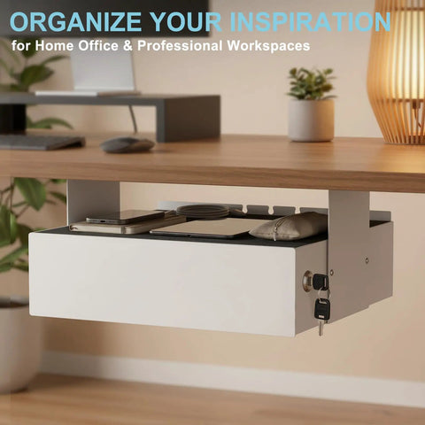 Spacious Under Desk Drawer Featuring Silky Slide Out Rails And A Rock Solid Side Lock Heavy Duty White Steel Organizer for storing office gear.
