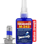Blue Thread Locker Medium Strength For Nuts And Bolts Anaerobic Adhesive bottle next to metal bolt with blue thread locker coating
