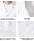Four close-up views of Custom Embroidered Lab Coat With Icons And Name Text detailing lapel, fabric blend, buttons, and pockets.