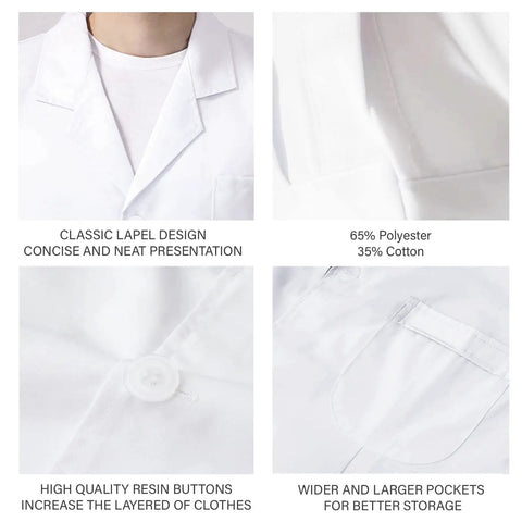 Four close-up views of Custom Embroidered Lab Coat With Icons And Name Text detailing lapel, fabric blend, buttons, and pockets.