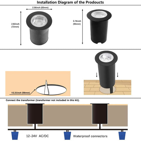 Installation diagram of 5W In Ground Well Light Kit for Landscape Pathways, featuring dimensions, setup, and waterproof connectors.