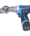 Jauarta Cordless Plate Shear Electric Drill Sheet Cutter With Ti Steel Gear For Metal Cutting Iron Copper Aluminum Board 0 To 1600 Rpm Two Speeds High Capacity 1500mAh Battery Us Plug Heavy Duty DIY Tool side view of handheld cordless shear with blue and black grip