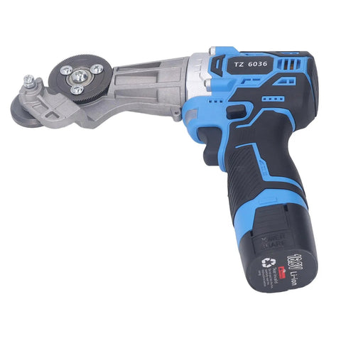 Jauarta Cordless Plate Shear Electric Drill Sheet Cutter With Ti Steel Gear For Metal Cutting Iron Copper Aluminum Board 0 To 1600 Rpm Two Speeds High Capacity 1500mAh Battery Us Plug Heavy Duty DIY Tool side view of handheld cordless shear with blue and black grip