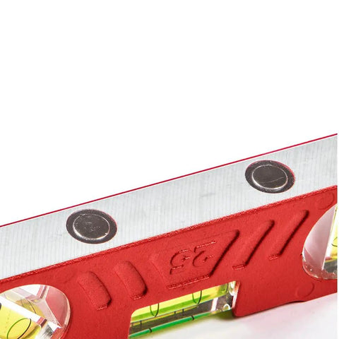 Rock Hard Professional Grade Cast Aluminum Torpedo Level With Magnetic Dual View Plumb Vial For Quick And Dirty Measuring And Tight Drywall Joint Layouts On Site close-up view showing vials and magnets.