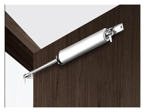 Close-up of Dope Door Closer Kit With Pneumatic Speed Control And Precision Positioning Mounting Bracket on wooden door