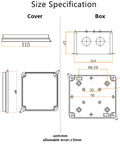 Size specifications for Rock Solid IP65 Waterproof Junction Box With No Sweat Drilling for Boss DIY Projects and rugged use.