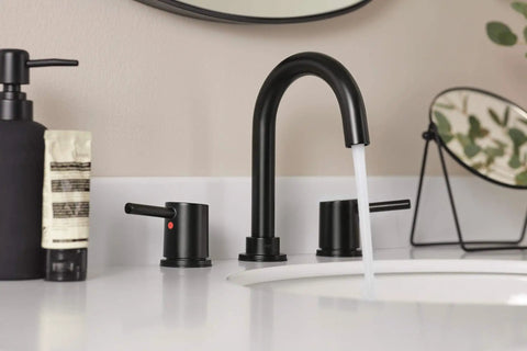 Precept Widespread Matte Black Bathroom Faucet For 3-Hole 6-16 In. Install With ADA Push Pop-Up Drain Ceramic Cartridge.