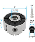 Front view: DEEFIINE 4-inch wood lathe chuck set, nickel-plated 4-jaw chuck, 1x8 TPI thread, 3/4x16 TPI adapter