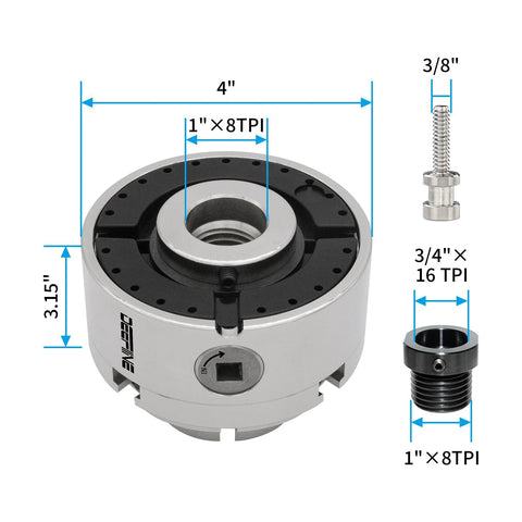 Front view: DEEFIINE 4-inch wood lathe chuck set, nickel-plated 4-jaw chuck, 1x8 TPI thread, 3/4x16 TPI adapter