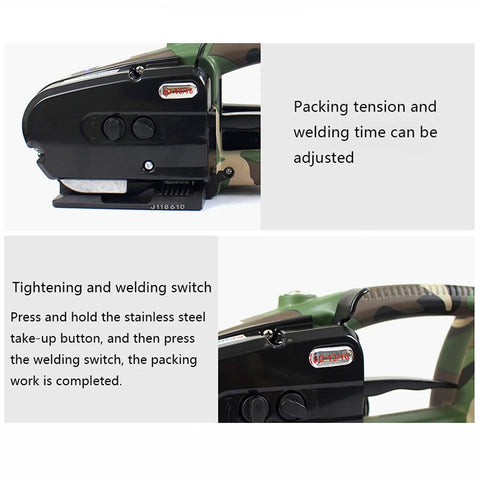 Solid Heavy Lifter Portable Electric Strapping Machine With 3000 Mah Battery Automatic Handheld Plastic Strap Welder, showing adjustable packing tension features.