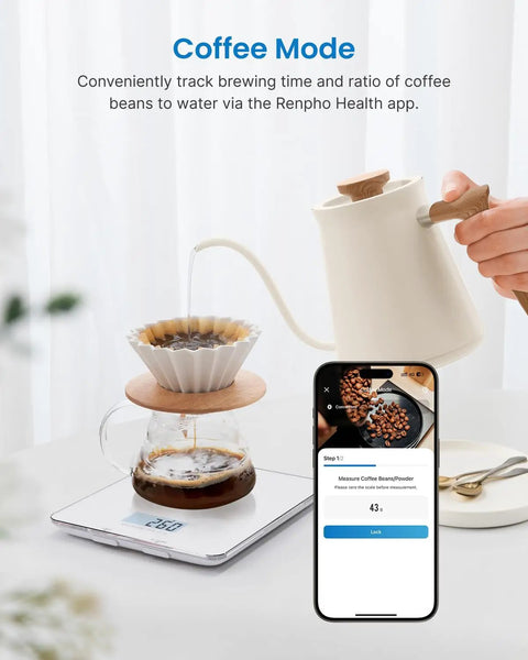 Smart Food Scale With Nutritional Calculator And App Sync For Macro Keto Calorie Tracking, Digital Kitchen Scale In White with coffee brewing setup