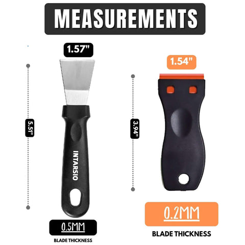 Pro Grade All In One Go To 3D Printer Scraper Kit showing scraper dimensions and blade thickness