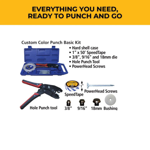 Custom Color Punch Kit Basic With Powerhead Screws, Hole Punch Tool, And One Inch By Fifty Foot SpeedTape For Pros opens
