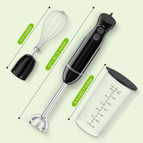 Slick 3 In 1 Immersion Blender Featuring Quick Adjust Speeds And A Heavy Lifter Motor backed by stainless blades and attachments with measurements.