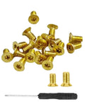 Gold Flat Head Turn Lock Screws 40 Pack Small Phillips Replacement Hardware Kit With Tool For Purses Handbags Wallet Totes Quilted Bags No Sweat Repair Set with screws and screwdriver.