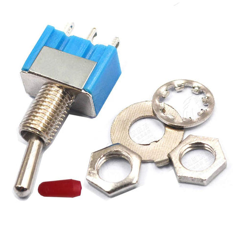 Blue mini SPST toggle switch, front view, with threaded metal bushing and pre-soldered pins; includes washers and hex nuts.