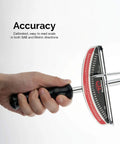 Hand holding a Dual Drive Beam Style Torque Wrench With Three Eighths And One Half Inch Drives Seventeen Inch Length Zero To One Hundred Fifty Foot Pounds SAE Premium Steel Alloy The Must Have Tool For Auto Maintenance And Repairs showing precision scale