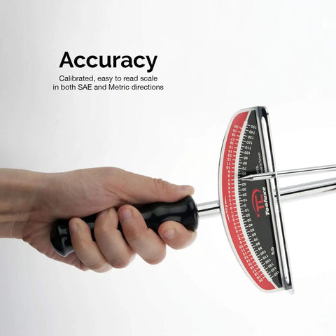 Hand holding a Dual Drive Beam Style Torque Wrench With Three Eighths And One Half Inch Drives Seventeen Inch Length Zero To One Hundred Fifty Foot Pounds SAE Premium Steel Alloy The Must Have Tool For Auto Maintenance And Repairs showing precision scale