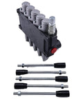 Front view of a five-spool open-center hydraulic valve block with gray spool caps, red knob, and four chrome levers.