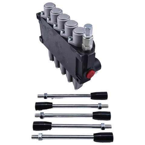 Front view of a five-spool open-center hydraulic valve block with gray spool caps, red knob, and four chrome levers.