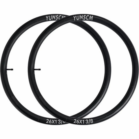 Two Heavy Duty 26 Inch Bicycle Inner Tubes 26x2.10 To 26x2.40 AV32mm Schrader Valve 52/62-559 displayed side by side