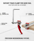 Quick-Action Ratchet Track Clamp For Guide Rails shown in chrome vanadium steel with red handle for precise cuts on plywood.