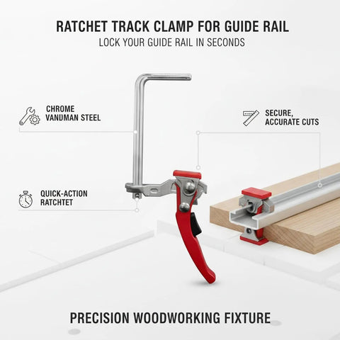 Quick-Action Ratchet Track Clamp For Guide Rails shown in chrome vanadium steel with red handle for precise cuts on plywood.
