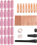 TIG Welding Torches Gas Lens Kit 58 Piece Set with alumina gas cups, collets, collet bodies, and back caps displayed.