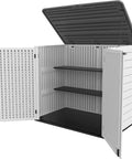 Open view of Big Weatherproof Outdoor Storage Shed Box For Garden And Backyard, Waterproof 48 Cu Ft Capacity showing empty shelves.