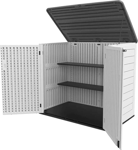 Open view of Big Weatherproof Outdoor Storage Shed Box For Garden And Backyard, Waterproof 48 Cu Ft Capacity showing empty shelves.