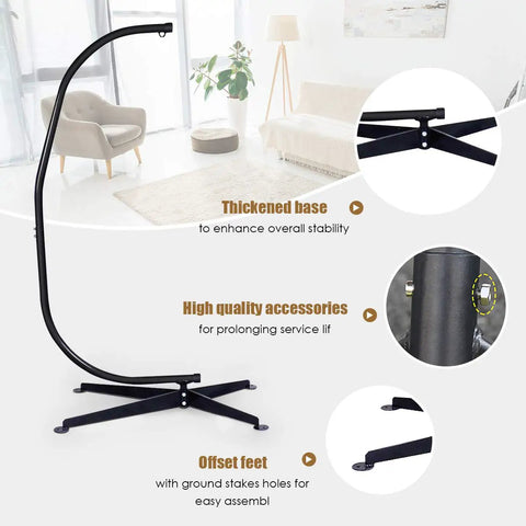 Heavy Duty C Type Hammock Stand Portable and Detachable for Hanging Hammocks Air Chairs Porch Swings Outdoor and Indoor Use Fits Most Chairs With 360 Degree Rotation Easy Assembly Durable Steel Frame featuring thickened base and high quality accessories in living room scene.